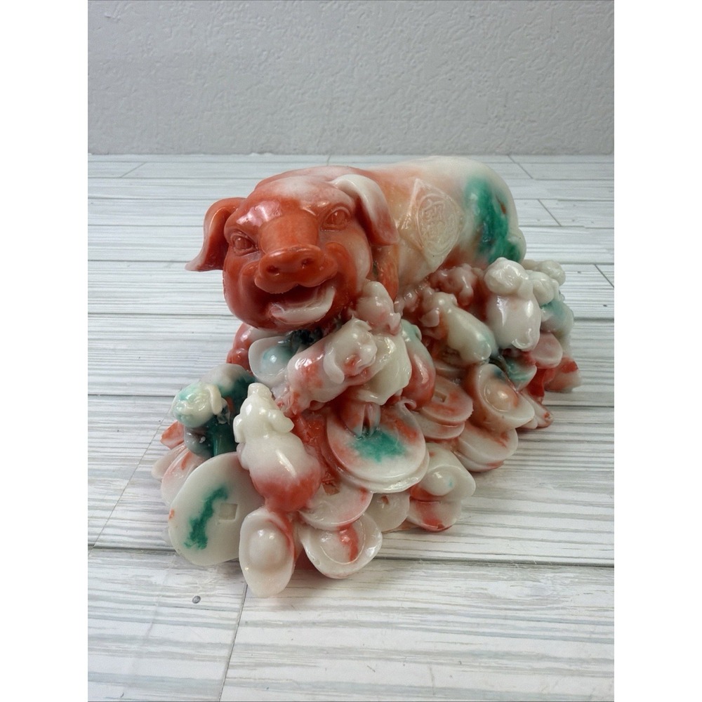 VINTAGE CHINESE NEW YEAR  LUCKY PIG & PIGLETS W YUAN COINS FIGURINE